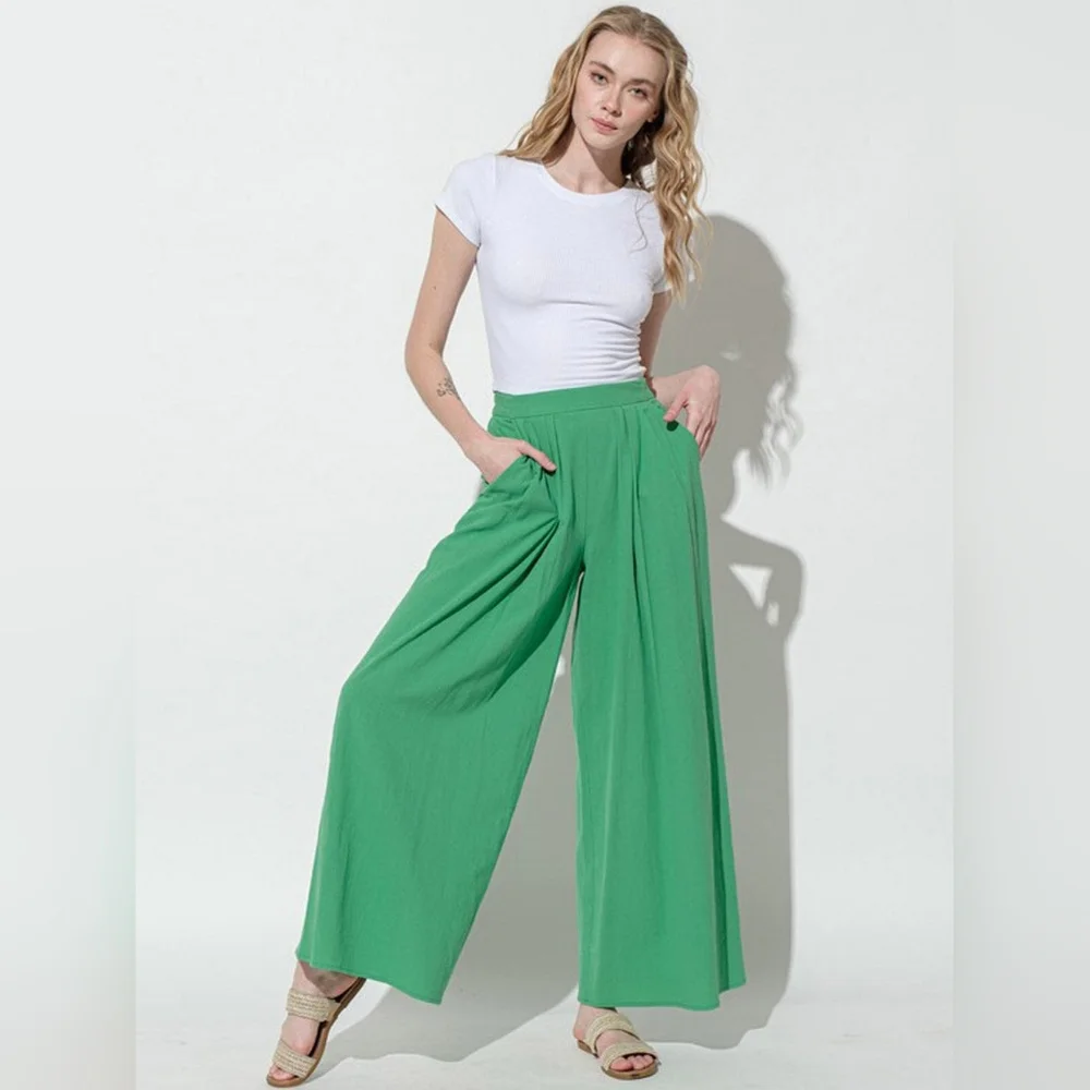 Green pleated wide leg pants